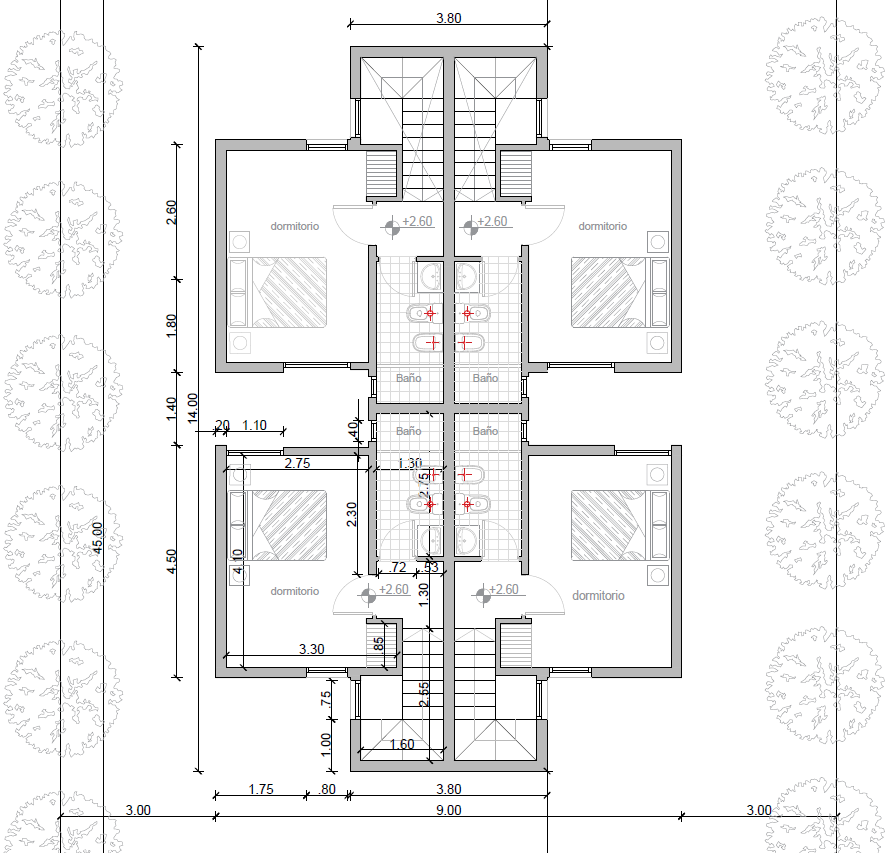 Plano de planta alta de los aparts: dormitorio y baño de cada unidad
