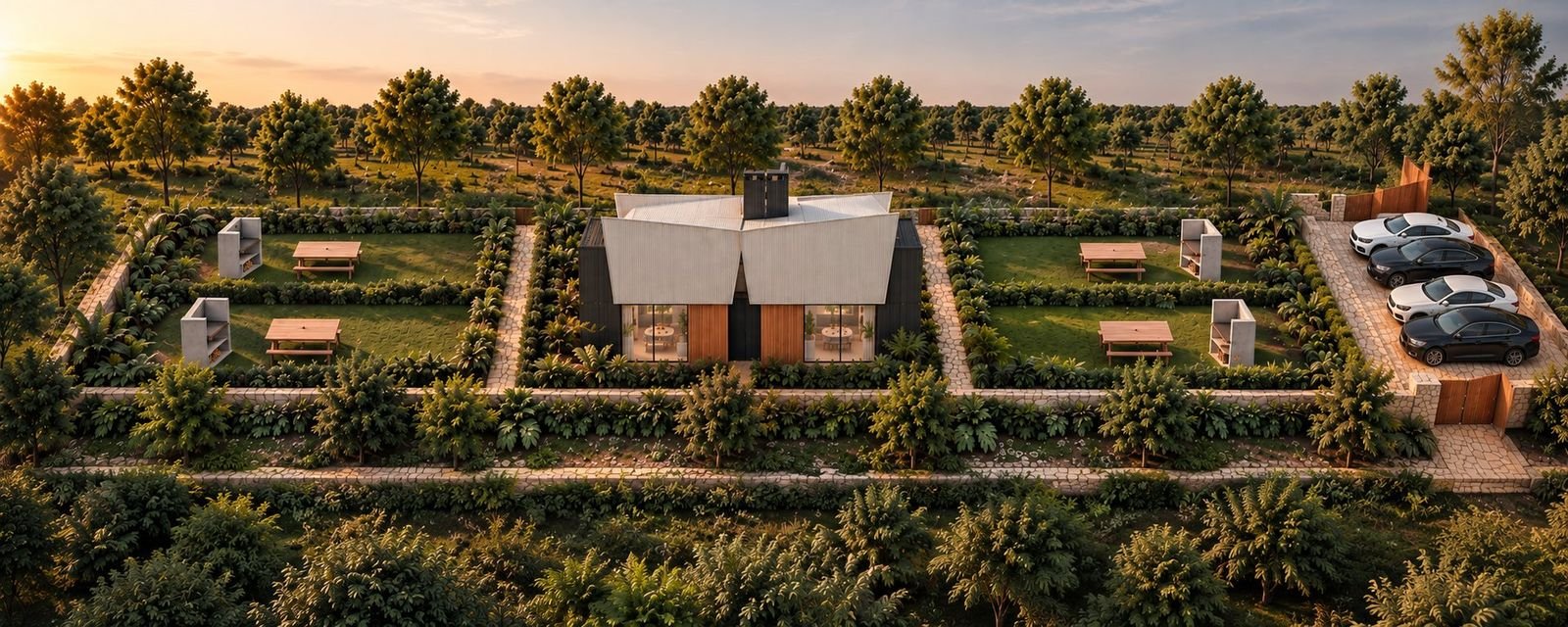 Render aéreo de los aparts con jardines, parrilleros y caminos de piedra