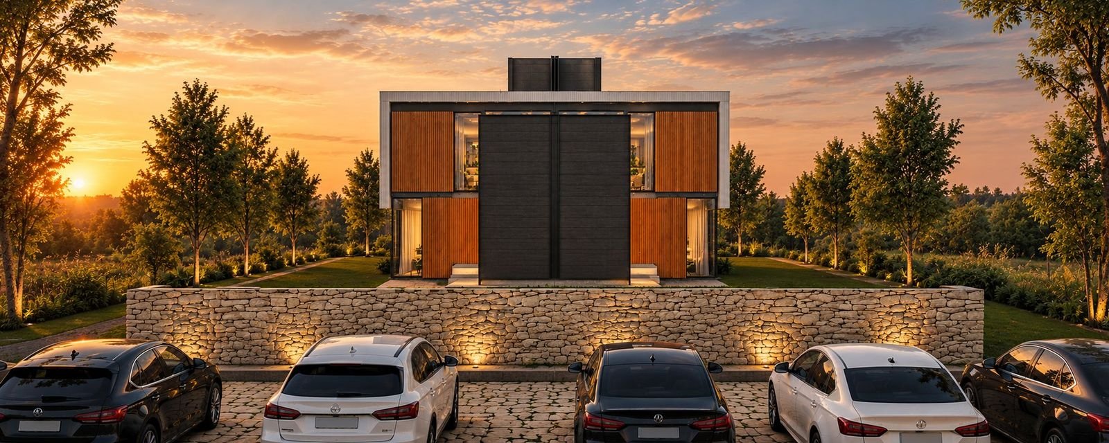 Render de la fachada de los aparts Brisas de Mar con frente de piedra iluminado