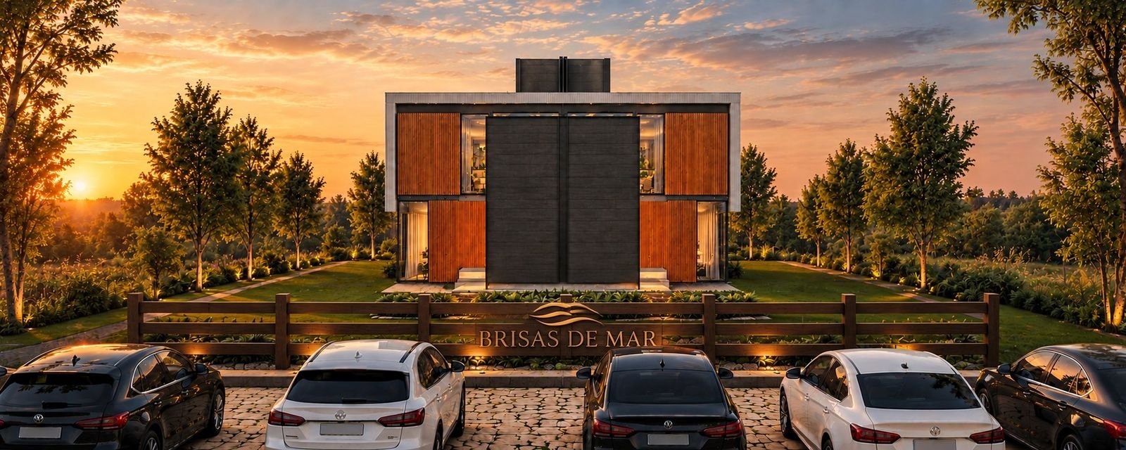 Render del frente de Brisas de Mar con el cartel del complejo y el estacionamiento