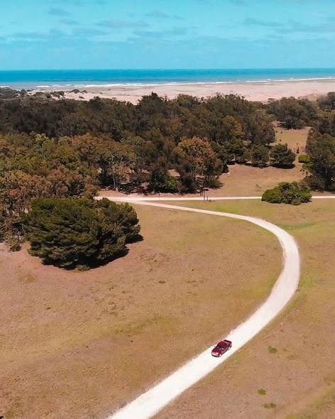 Vista aérea de un camino entre el bosque y la playa en Arenas Verdes